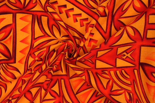 Orange Tones on Bright Mandarin Pacific Island Design Cotton Dobby