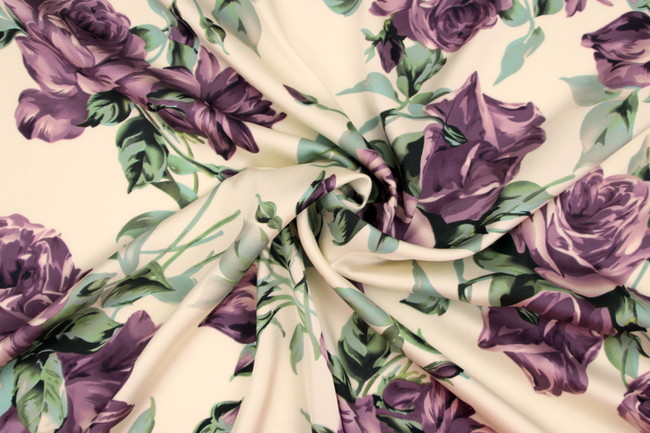 Dusky Purple Roses on Cream Printed Stretch Satin