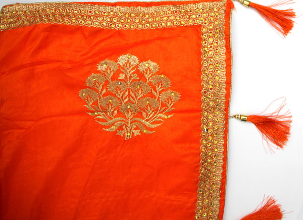 Deep Orange Embroidered Saree with Tassels