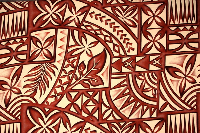 Brown & Terracotta Tones on Beige Pacific Island Design Cotton Dobby