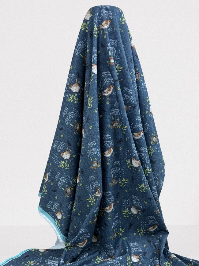 Wren on Dark Chambray Printed Cotton
