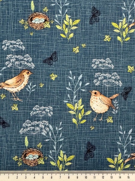 Wren on Dark Chambray Printed Cotton