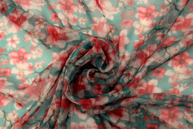 Cherry Blossoms on Teal Printed Chiffon 