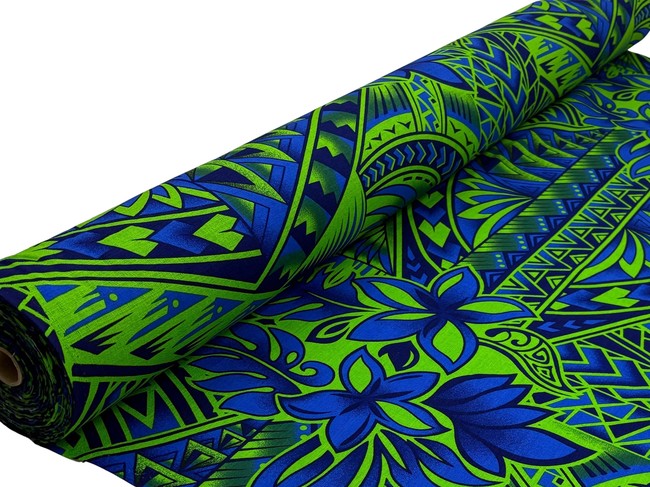 Blue Tones on Lime Pacific Island Cotton Dobby
