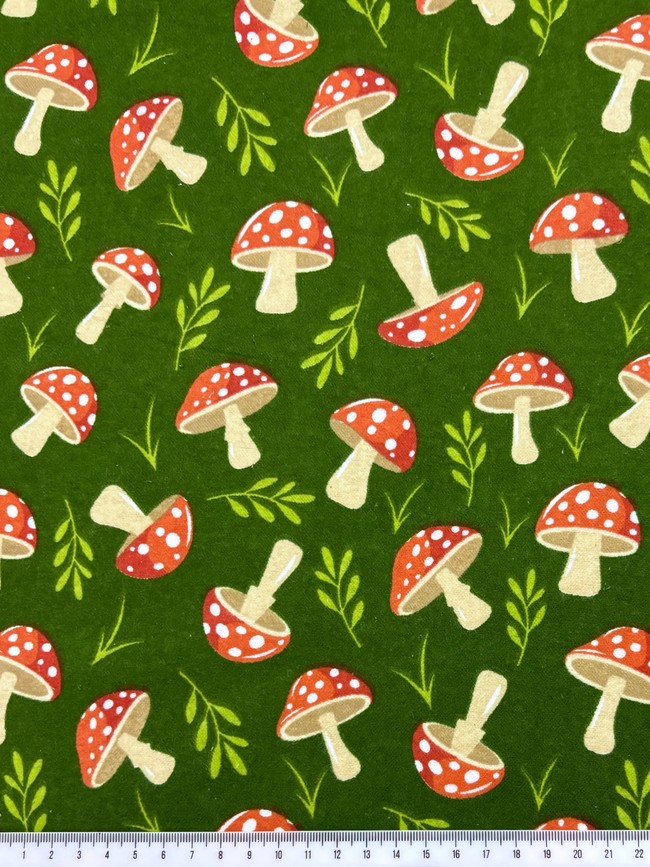 Toadstools on Bottle Green Winceyette