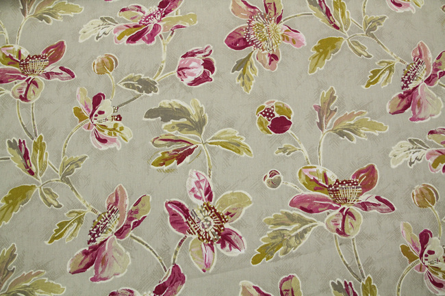 Pink Toned Floral On Fawn Cotton Curtaining