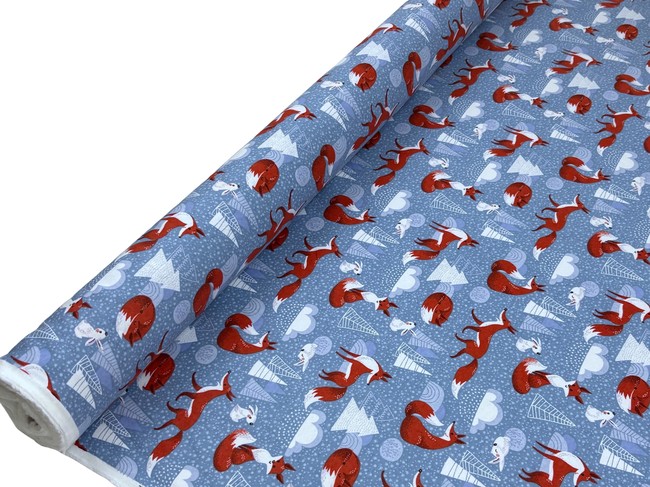 Foxes & Rabbits on blue Winceyette