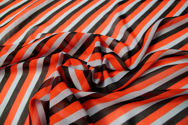 Flame, Grey & Black Diagonal Striped Chiffon