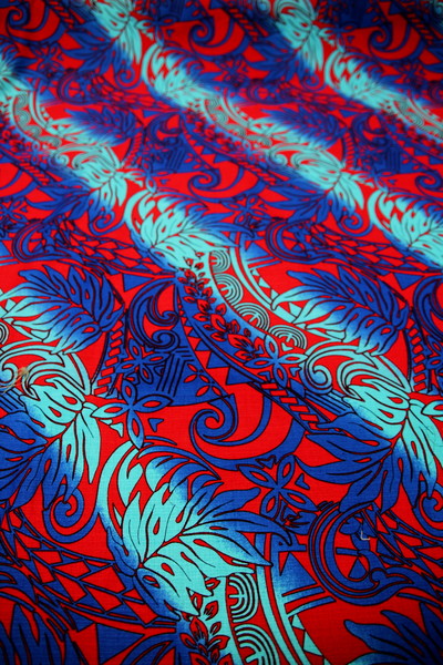  Royal & Aqua on Red Variegated Island Palms Cotton Dobby