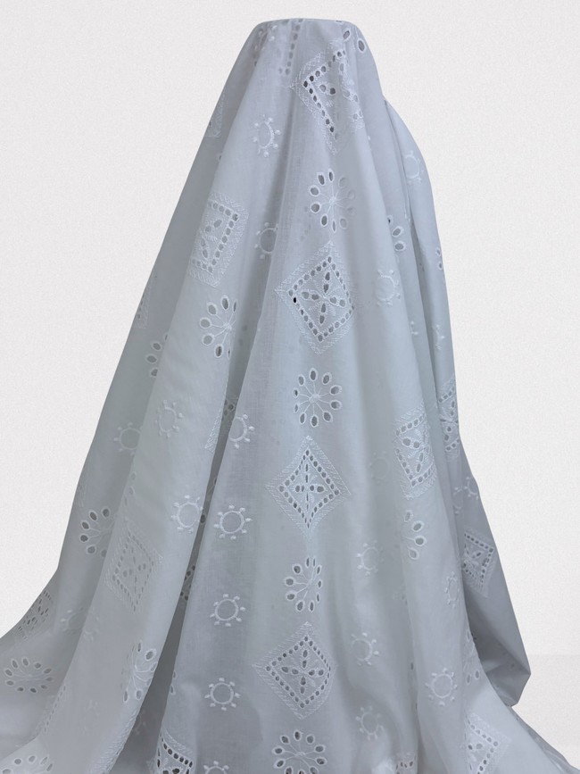 White Floral & Diamond Design Broderie Anglaise Cotton