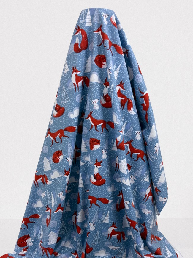 Foxes & Rabbits on blue Winceyette
