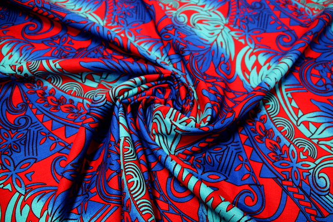  Royal & Aqua on Red Variegated Island Palms Cotton Dobby