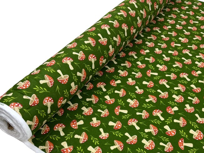 Toadstools on Bottle Green Winceyette