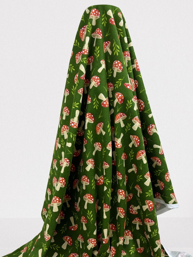 Toadstools on Bottle Green Winceyette