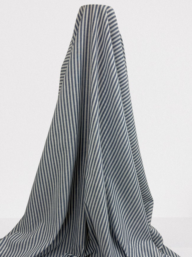 Pale Denim Blue & Ivory Striped Linen Cotton Shirting