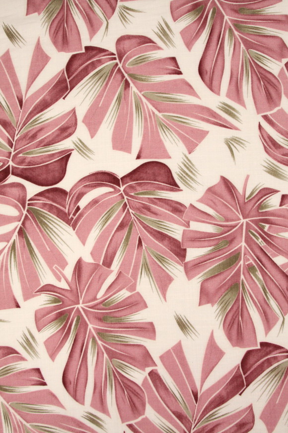 Rose Pink Palm Leaves on Ivory Printed Bamboo Cotton Blend