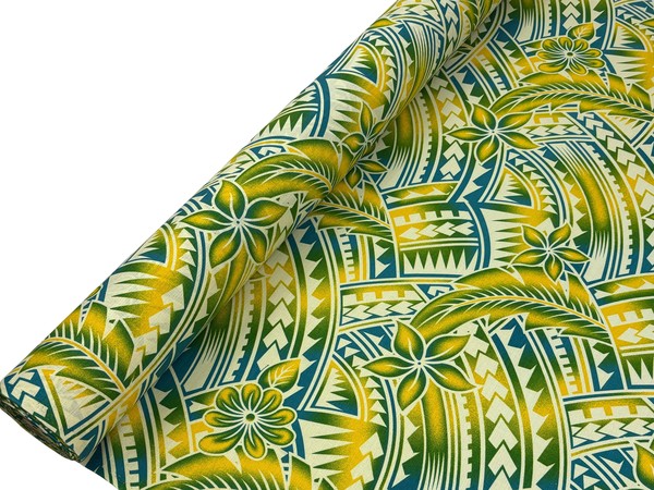 Yellow, Teal & Green Frangipani Pacific Island Cotton Dobby