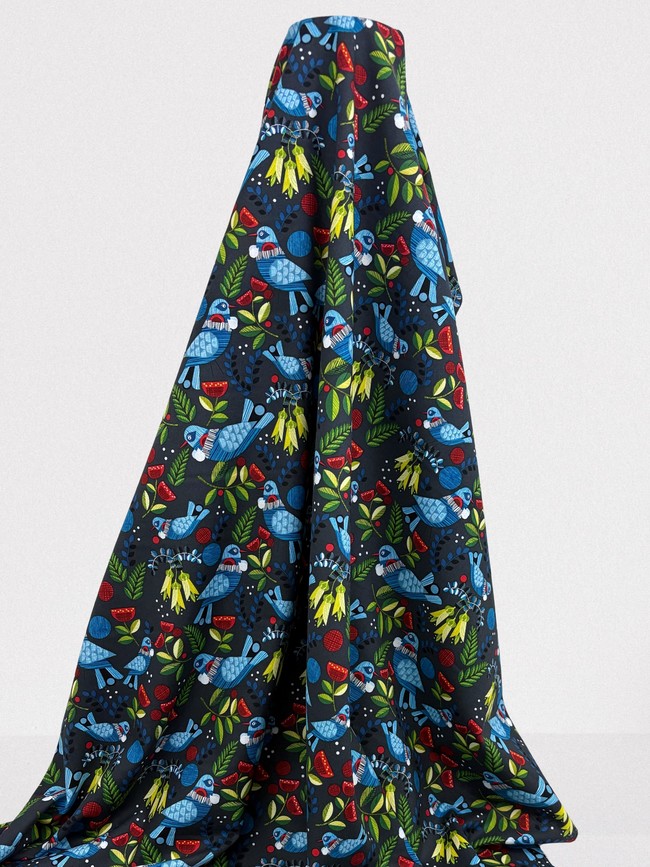 Tui & NZ Plants on Charcoal Printed Cotton