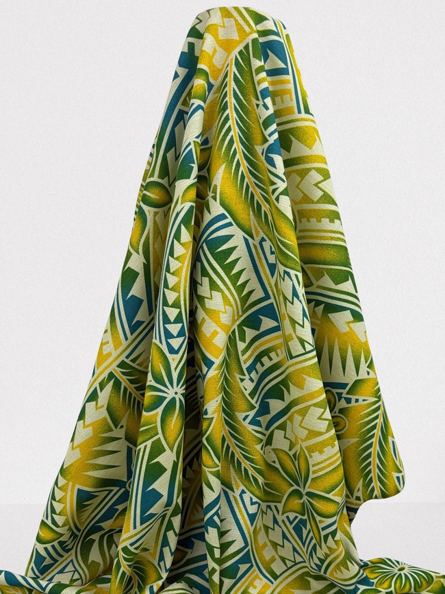 Yellow, Teal & Green Frangipani Pacific Island Cotton Dobby