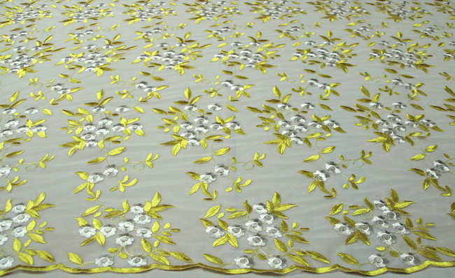 Yellow & White Double Scallop Embroidered Netting