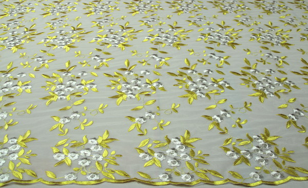 Yellow & White Double Scallop Embroidered Netting