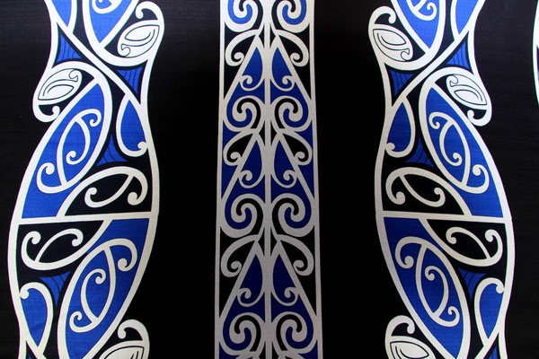 Royal & White on Black Traditional Maori Design Printed Dobby 