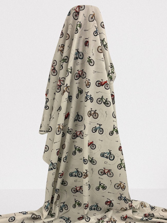 Bicycles on White Printed Cotton