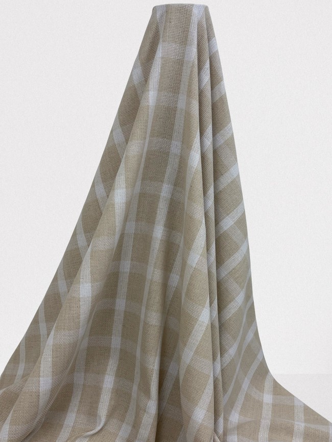 Light Sand & Off White Checked Textured Linen Cotton Blend