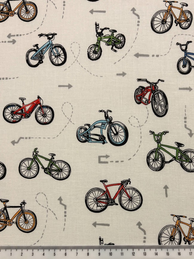 Bicycles on White Printed Cotton
