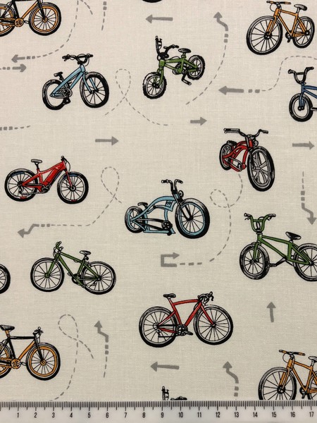 Bicycles on White Printed Cotton