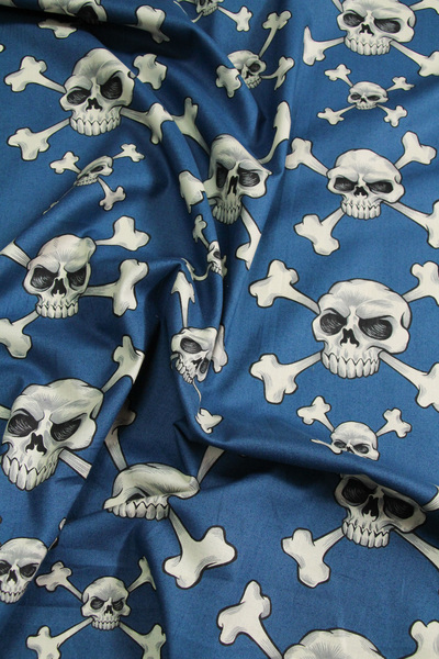Skull & Cross Bones on Blue Printed Cotton