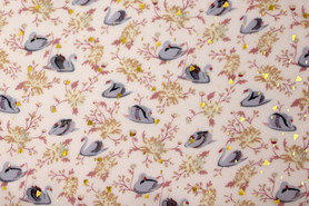 Elegant Swans with Gold on Pale Pink Crinkled Printed Chiffon