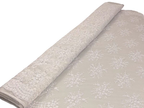 White Floral Posy Corded Lace with Scalloped Floral Border
