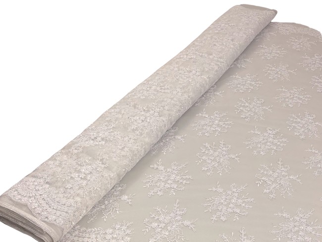 White Floral Posy Corded Lace with Scalloped Floral Border
