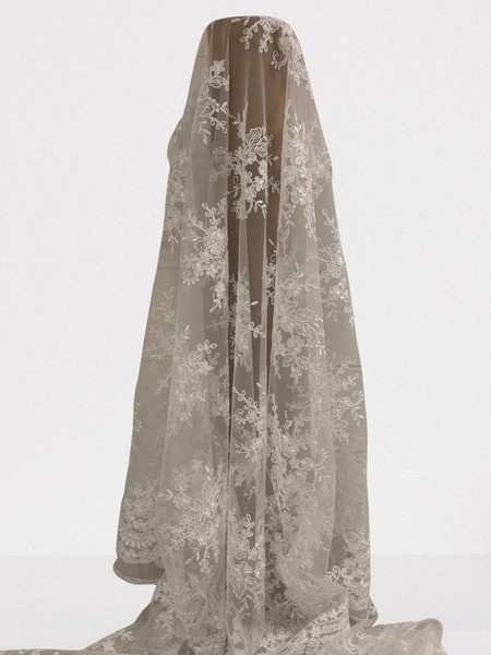 White Floral Posy Corded Lace with Scalloped Floral Border