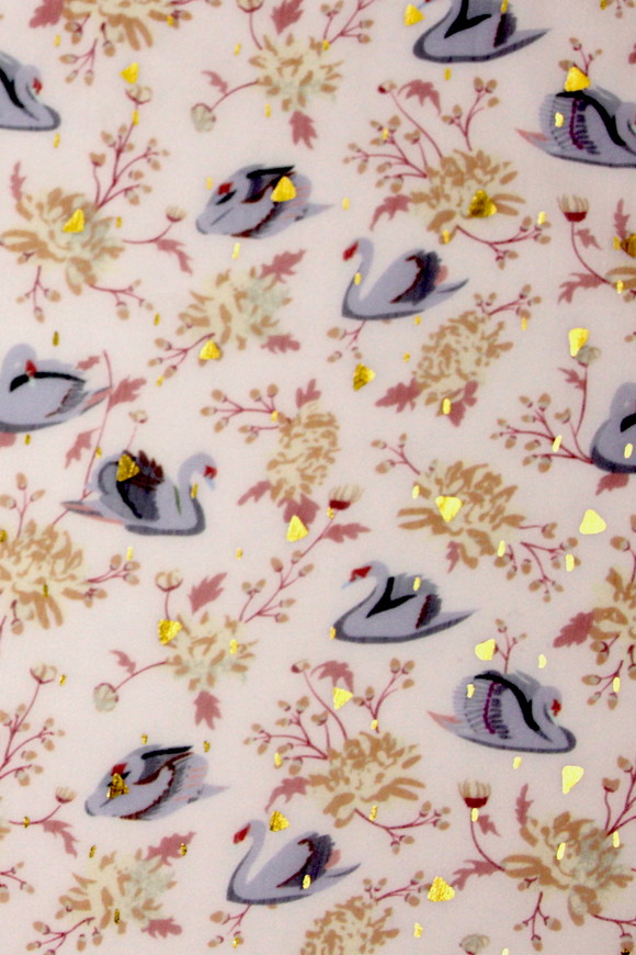 Elegant Swans with Gold on Pale Pink Crinkled Printed Chiffon