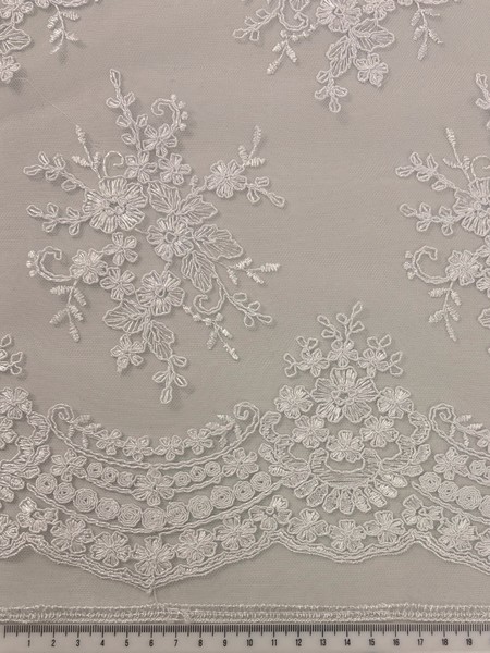 White Floral Posy Corded Lace with Scalloped Floral Border