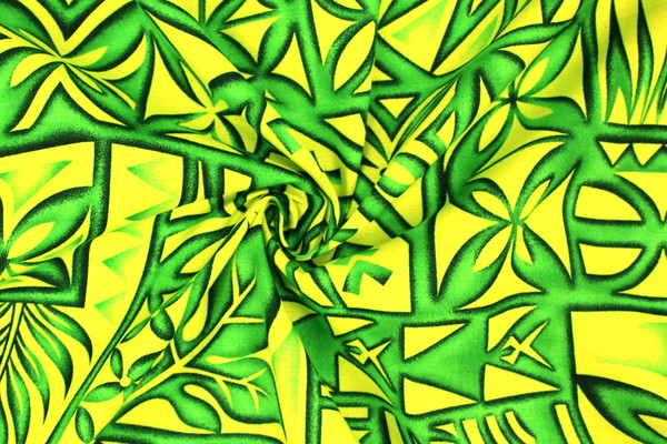 Green Tones on Lime Pacific Island Design Cotton Dobby