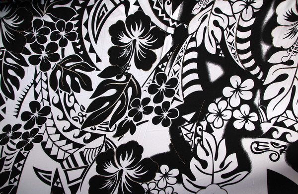 Island Printed Polyester - Black & White with Gold Detailing