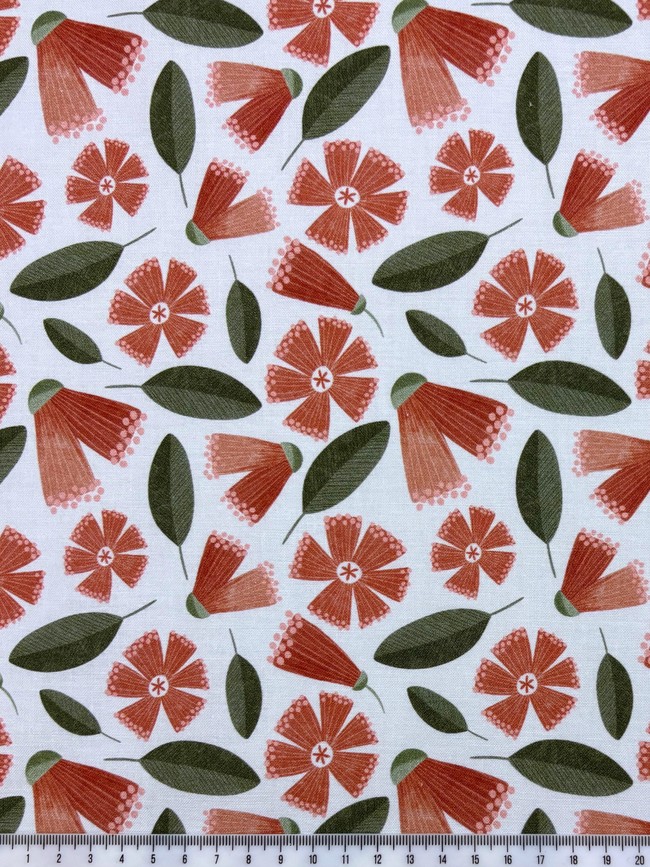 Pohutukawa flower & Leaf Printed Cotton