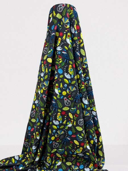NZ Birds & Plants on Charcoal Printed Cotton