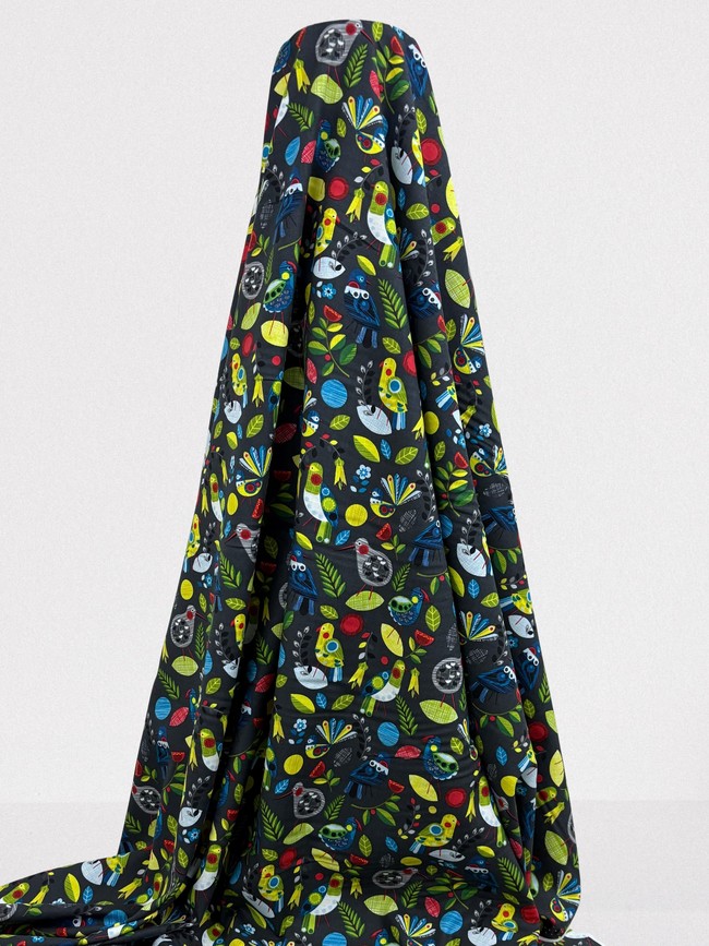 NZ Birds & Plants on Charcoal Printed Cotton