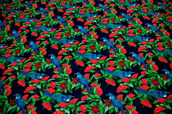 Tuis in Pohutukawa Kiwiana Cotton - Navy Background