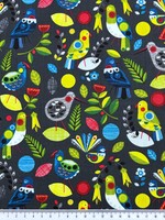 NZ Birds & Plants on Charcoal Printed Cotton