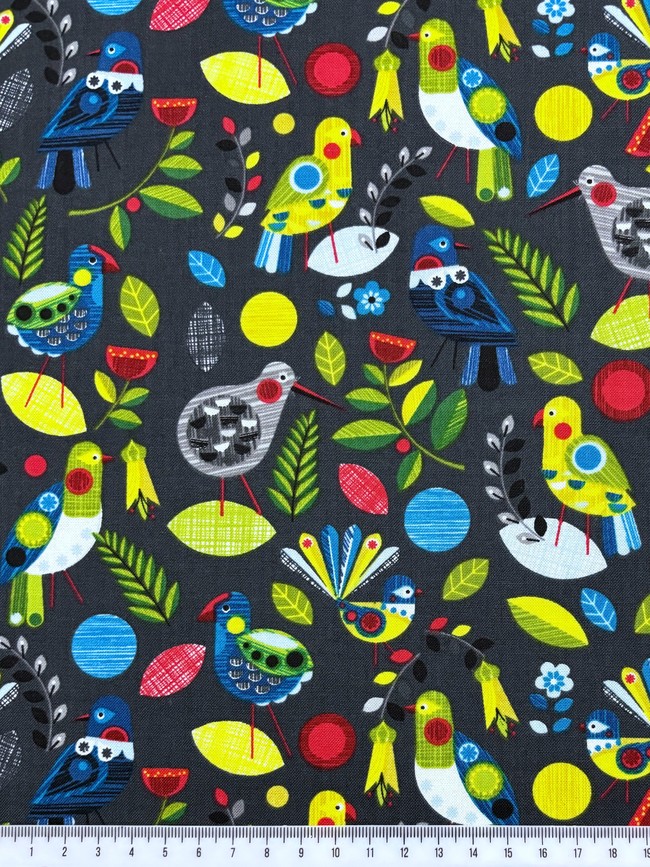 NZ Birds & Plants on Charcoal Printed Cotton