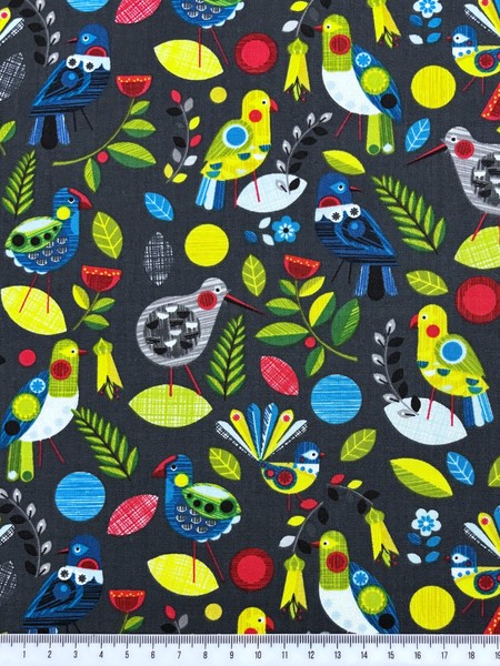 NZ Birds & Plants on Charcoal Printed Cotton