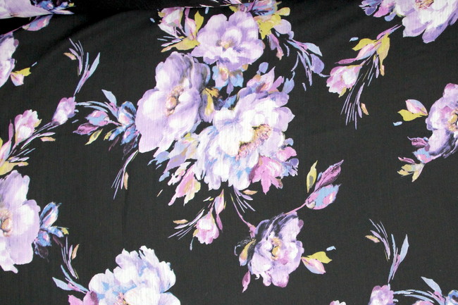 Purple Multi Floral on Black Printed Crinkled Chiffon