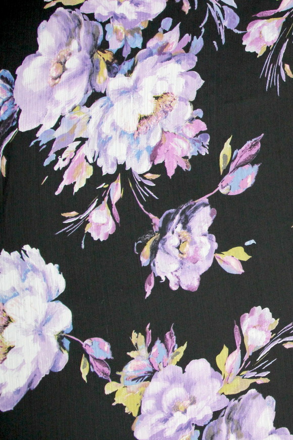 Purple Multi Floral on Black Printed Crinkled Chiffon