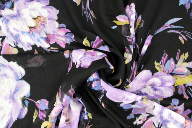 Purple Multi Floral on Black Printed Crinkled Chiffon