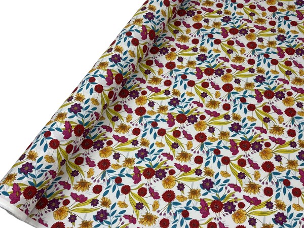 Summer Flowers on White Printed Cotton